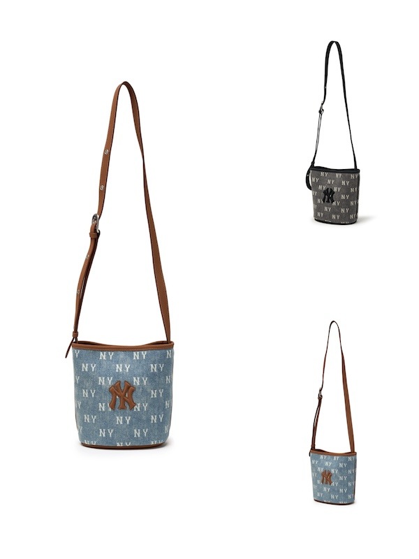 3ABMMV65N クラシック モノグラム ビンテージ デニム バケットバッグ ニューヨーク ヤンキース正規品保証 関税負担なし 韓国限定販売 男女共用