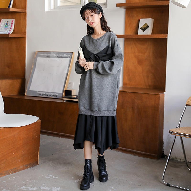 レディース ワンピース ロング丈 長袖 ラウンドネック プリーツ かわいい カジュアル おしゃれ