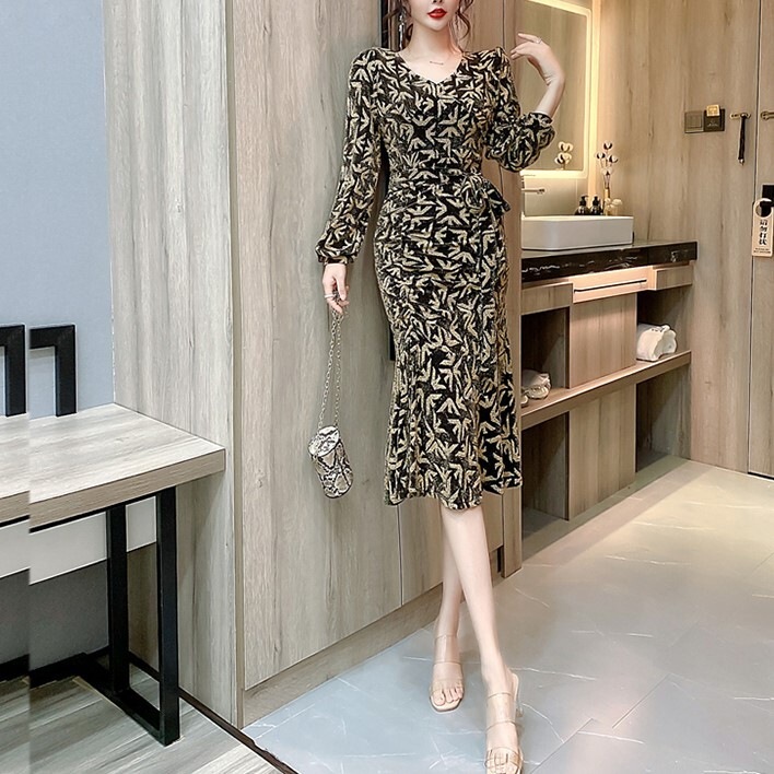 秋 冬 新作 ワンピース ドレス 洋風 Vネック スリム ウエスト レディース スプリットエンド