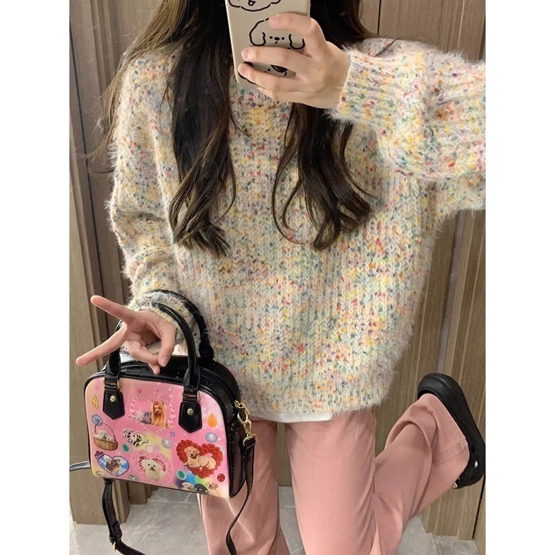 2025秋冬レインボーソフトワクシーミルクトップ優しいカラードットレイジーセーターゆったり万能レディースニッチシック 5,253円