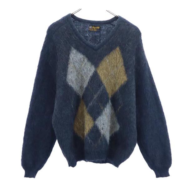 Shag-A-Pac ヴィンテージ アルパカ モヘア混 長袖 ニット L 紺×茶×グレー セーター メンズ