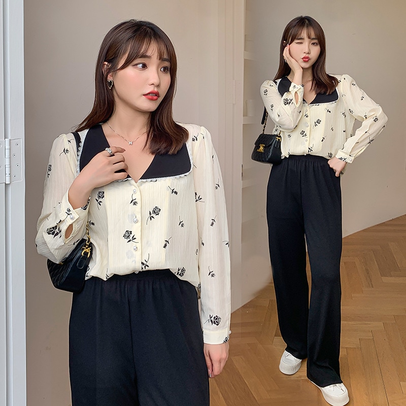 上品 5L 4L 韓国ファッション 大きいサイズ レディース 5l ズボン 秋冬 春夏 ゆったり ワイドパンツ早秋の小衆の上着の大きいサイズは色の襟のシャツの女性にぶつかります