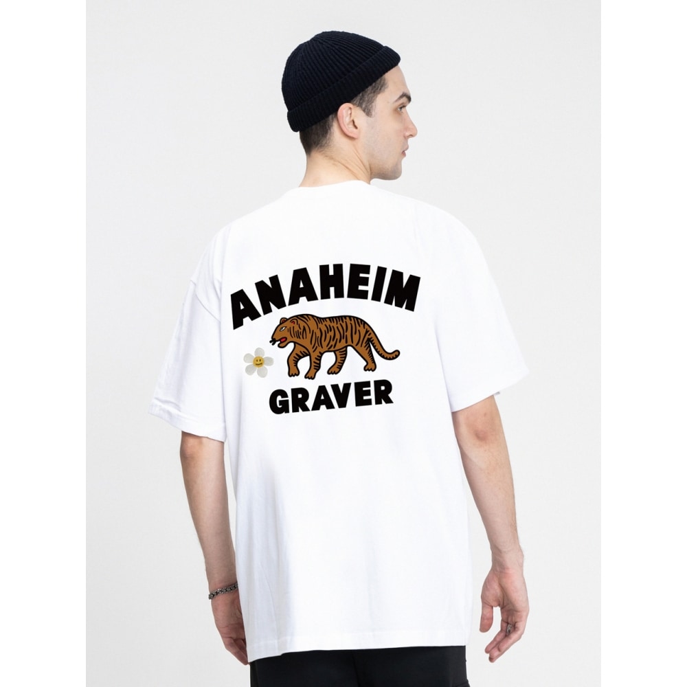 GRAVER フラワーエンブロイダリータイガーバッグロゴ半袖Tシャツホワイト
