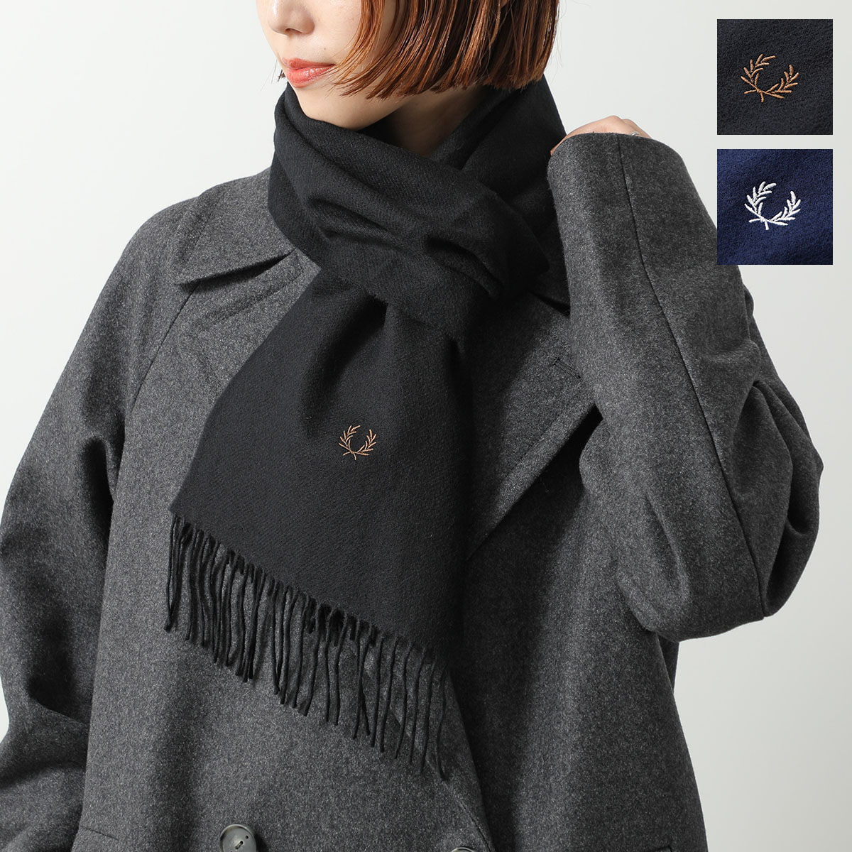FRED PERRY フレッドペリー マフラー C4126 レディース メンズ ウール ストール ロゴ刺繍 無地 カラー2色