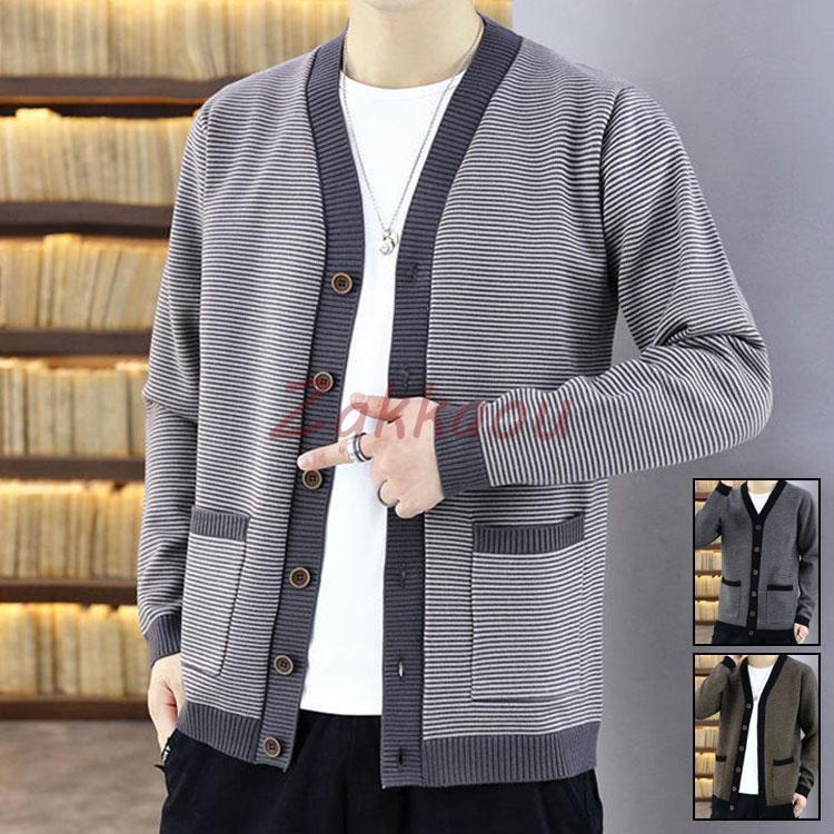 【2枚購入で1OO円OFF!2025限定SALE!】春秋冬　ニット カーディガン　メンズ セーター 男性　ニット コート ポケット付き Vネック アウター 羽織り ビジネス　カジュアル　通勤 保温防寒