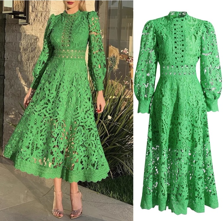 ワンピース プルオーバー ロングスカート ワンピドレス ロング ロング丈 袖あり 長袖 パフスリーブ ラウンドネック ストレート Aライン レース ウエストマーク 大人可愛い カジュアル 大人