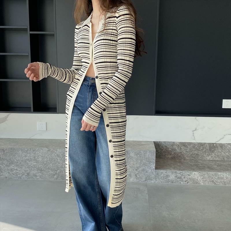 トップス ワンピース ニット セーター カーディガン ロング 長袖 Vネック 襟付き Iライン フェミニン ストリート 前開き ボタン 伸縮性 かわいい 大人可愛い カジュアル おしゃれ かっこいい