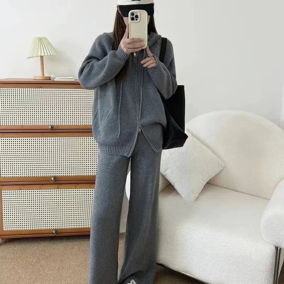 【最安値に挑戦】【人気商品】 おしゃれカジュアルスーツレディース秋冬新作ドローキャップニットトップスワイドパンツ2点セットセットアップ