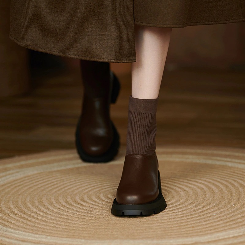 ニット　ショットブーツ　伸縮性あり　ソックスブーツ　レディース　厚底　靴　ムートンブーツ