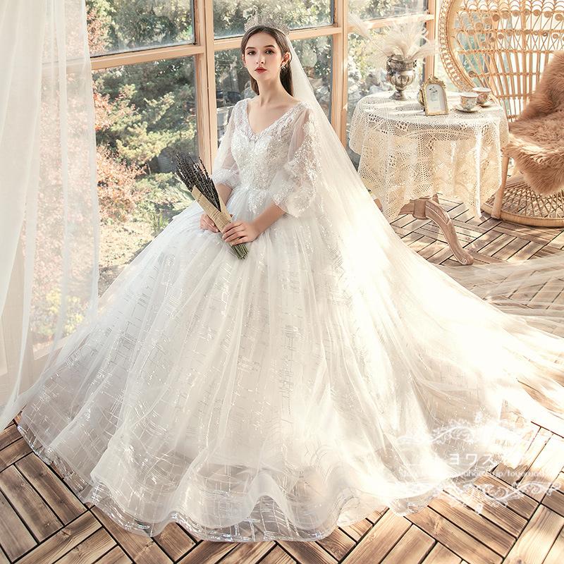 ウエディングドレス結婚式花嫁8XL大きいサイズ二次会プリンセスラインレース長袖ウェディングドレスロングドレス白披露宴安い編み上げ