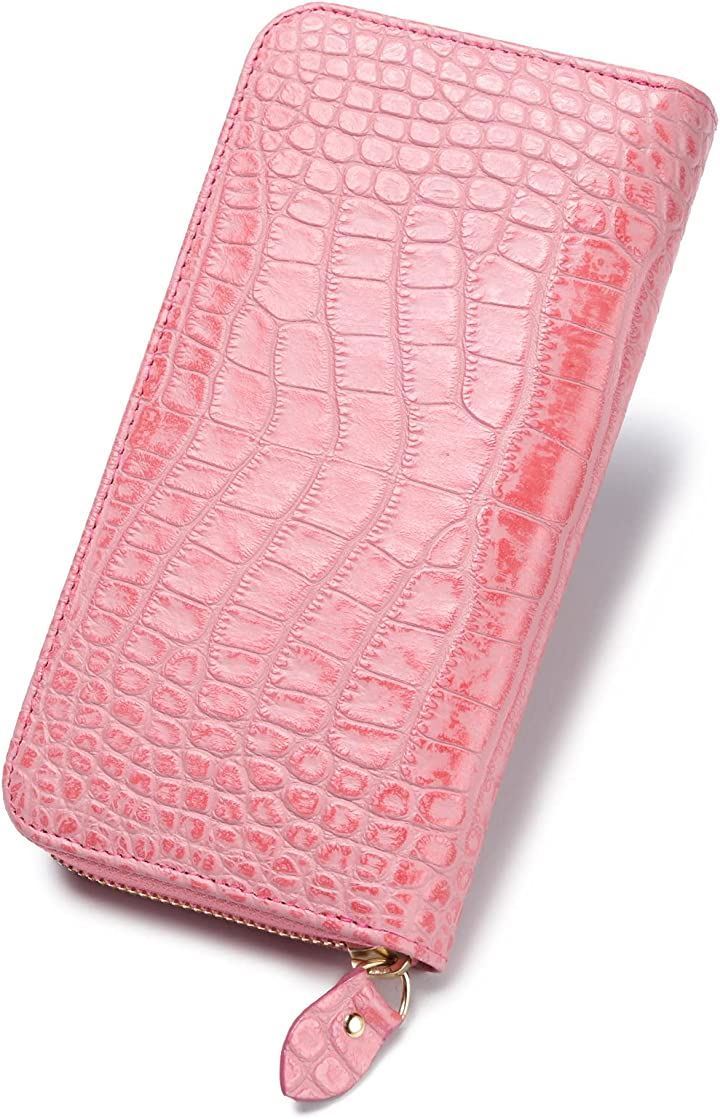 クロコダイル 長財布 型押し メンズ ラウンドファスナー 牛皮(シェルコーラル)