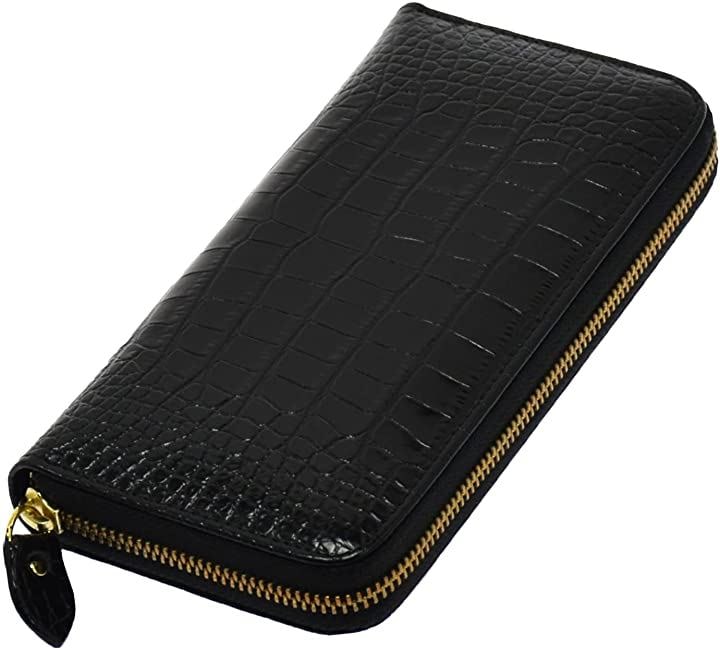 クロコダイル 長財布 型押し 牛革 メンズ レディース( シャイニーブラック)