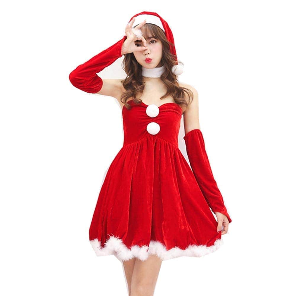 祝日おめでとうサンタコスプレレディース赤白ワンピースサンタガール可愛い女の子メイド風蝶結びクリスマス衣装3点セット大人用仮装クリスマスコスム演出
