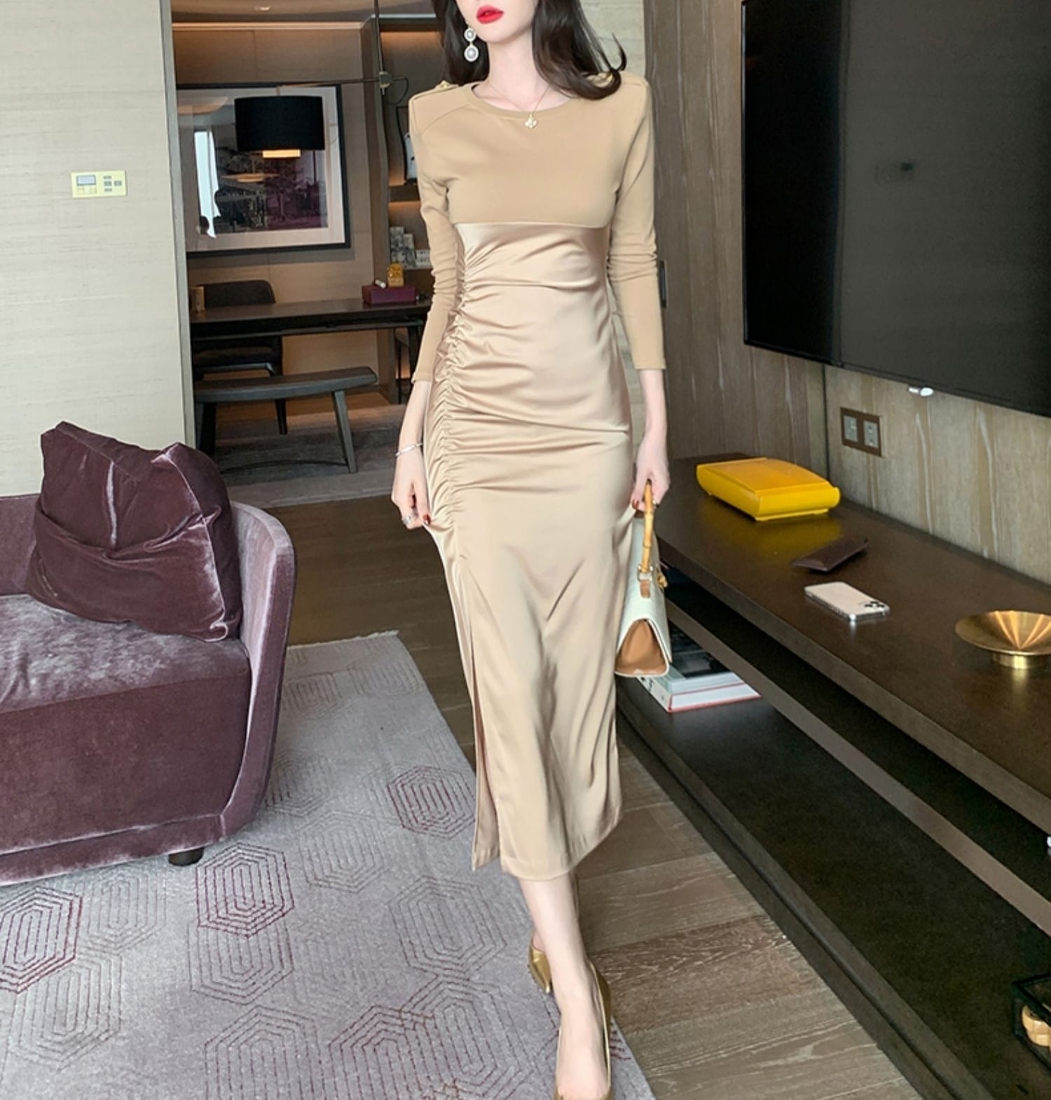 スリット ドレス ロング丈 長袖 韓国 パーティー 長袖 無地 ロング ホームパーティーアイテム ミモレ丈 カーキ 謝恩会 結婚式二次会 レディース ワンピース タイト スリム 細身 ストレート