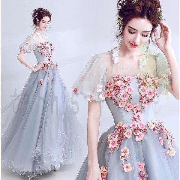 ウエディンドレス ロング丈グレー超豪華レースラウンドネックプリンセススリープ気質優雅大きいサイズ 結婚式 二次会 演奏会 花嫁 撮影 編み上げ式