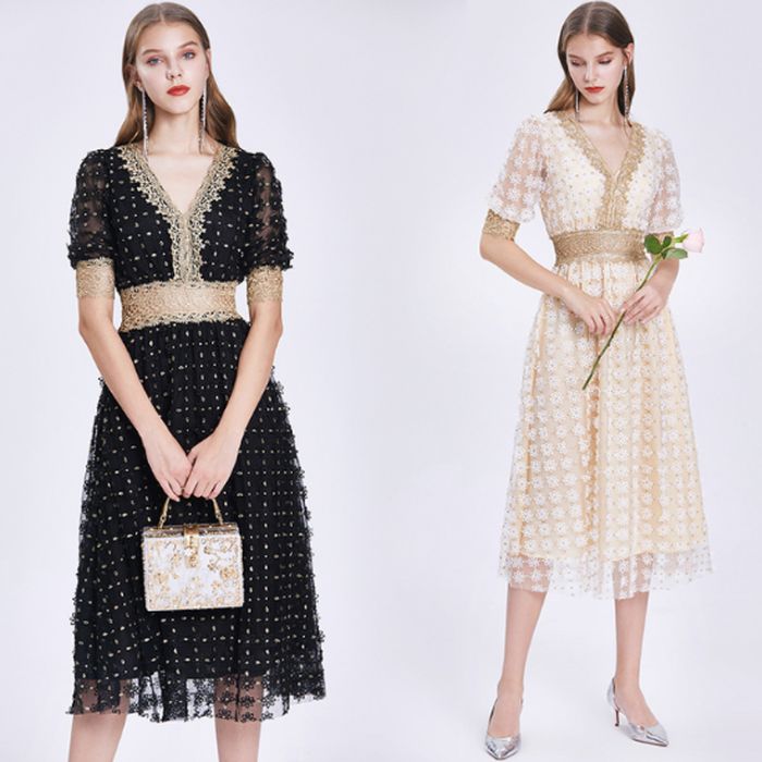パーティードレス 韓国 ドレス 個性的 ワンピース プチプラ 結婚式 黒 ブラック アプリコット フラワーレース シースルー パフスリーブ ミディアム ハイウエスト Vネック 大人可愛い 華やか クラ