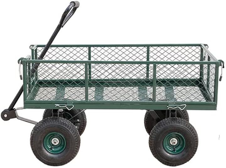 カゴ付き台車 スチールメッシュカート ガーデンカート キャンプカート リアカー 牽引台車 園芸 一体化ハンドル 防水防塵加工 アウトドア (アーミーグリーン, 96X50X25CM)