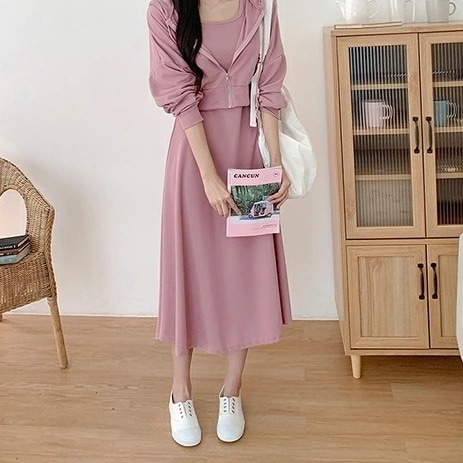 クロップドジップアップパーカー&半袖ワンピースSETp426872 レディース 【ops】セットアップ セット setup パーカー ジップアップ フード 長袖 単色 無地 シンプル ベーシック ワ