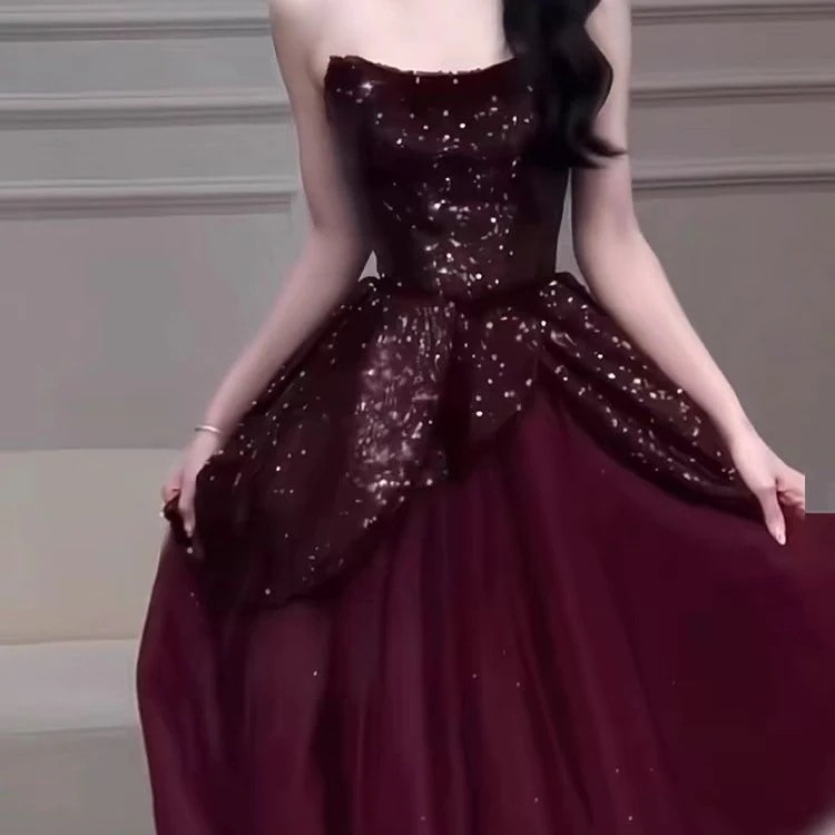 ティブレット服花嫁結婚式ハイエンドセンス2025バーガンディエンゲージメントドレス女性スパンコールワンピースドレスドレス