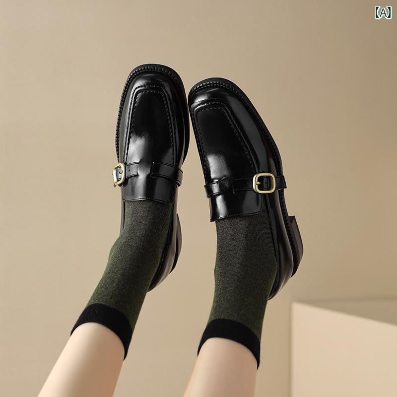 ローファー レディース オフィス 通勤 仕事 ベルトバックル スリッポン 小さい 革靴 女性 レトロ スクエアトゥ 深口 革靴