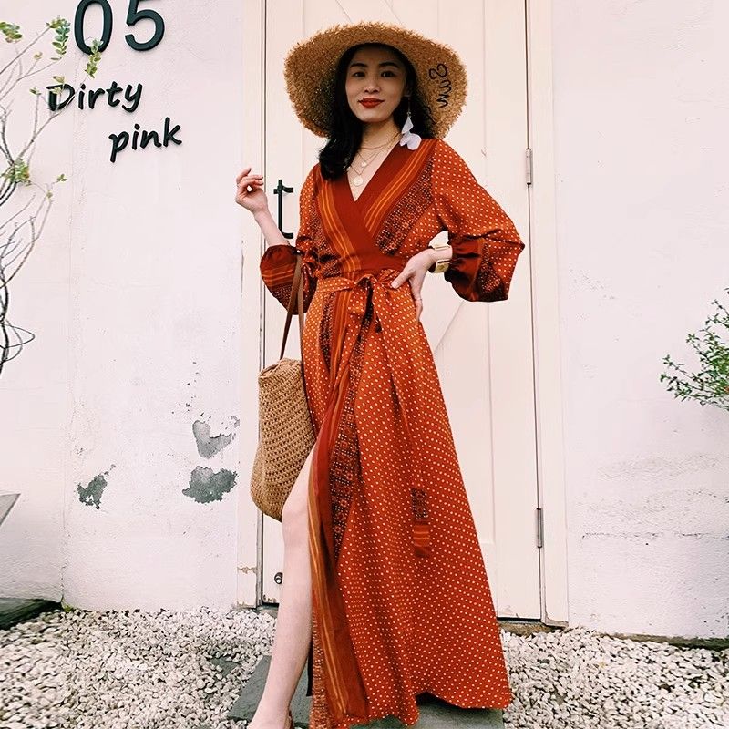 デザートレッドエキゾチックドレス女性夏北西部写真撮影休暇日焼け止めビーチスカート旅行ウェア