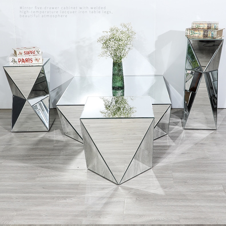 人気シンプルなミラー付きベッドサイドテーブルとソファコーナーテーブルの組み合わせディスプレイ台