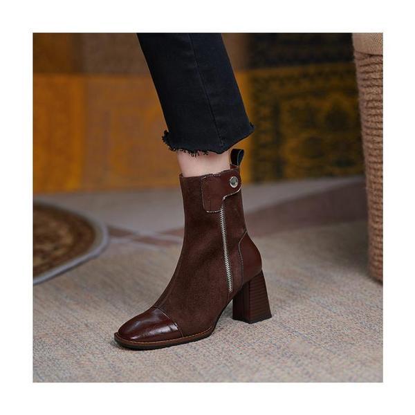 A89 サイドジッパー装飾スエードヒールブーツ (S7525281)