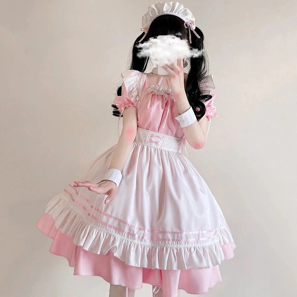 ロリータスカート コスプレ ロリータワンピース 衣装 アニメ かわいい メイド服 仮装パーティーpink