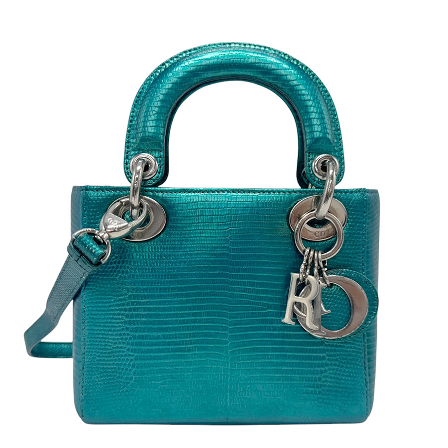 クリスチャンディオール Christian Dior ハンドバッグ 斜め掛けショルダーバッグ レディーディオール リザード メタリックグリーン シルバー レディース z3043