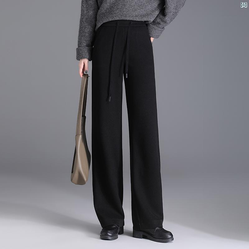 レディース ファッション オシャレ シンプル ニット ワイド レッグ パンツ 秋冬 ハイウエスト カジュアル スリム ストレート ウール