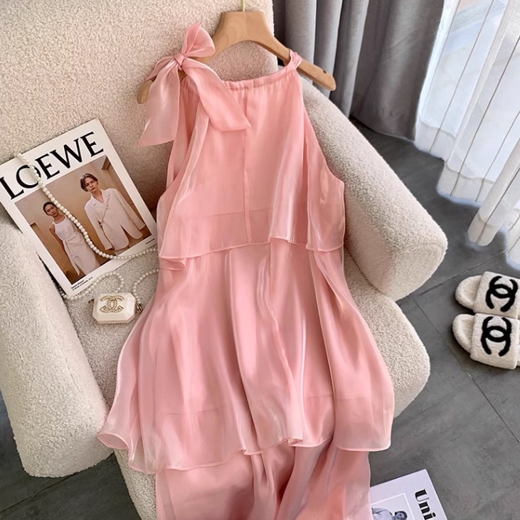 ワンピース プルオーバー キャミソールワンピース ミモレ丈 ロング丈 袖なし ノースリーブ ラウンドネック 襟なし フレア Aライン シフォン かわいい 大人可愛い きれいめ 大人 上品 おしゃれ