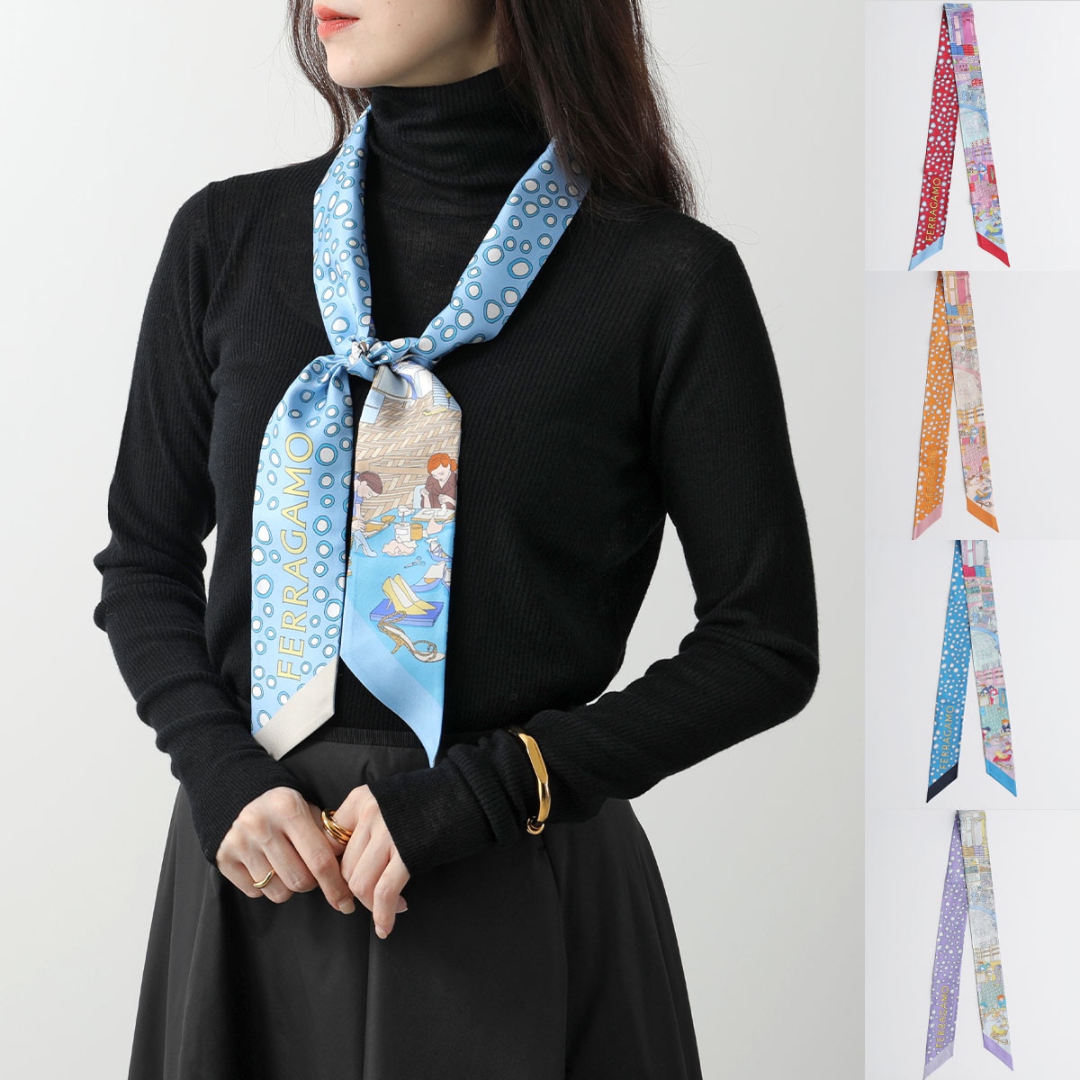 FERRAGAMO フェラガモ スカーフ 32 0908 776463 776464 776465 776466 776467 レディース シルク バンドゥ ロゴ ドット柄 カラー5色