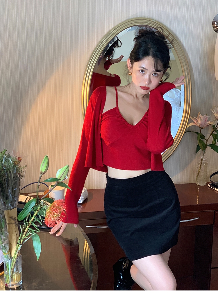 ショート Vネック ベスト 長袖 セーター レディース 秋 フレンチ セクシー スリム トップス レッド アプリコット ブラウン ブラック トップス かわいい 大人可愛い きれいめ シンプル