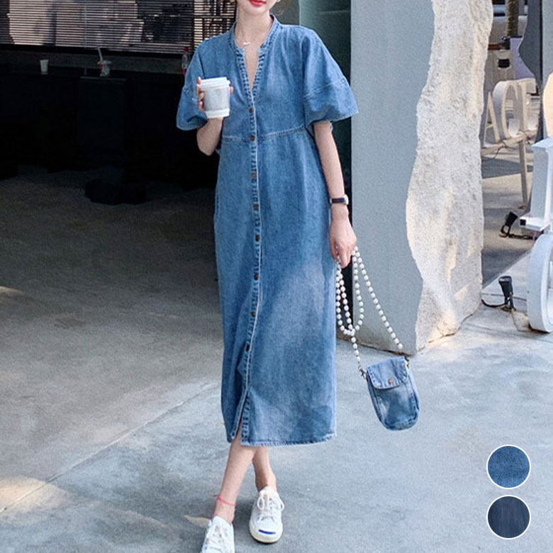 2A42デニム ワンピース ミドル丈 レトロ デニムワンピース ロングワンピース レディース 半袖 カジュアル おしゃれ 可愛い デニムドレス シャツワンピース 韓国ファッション きれいめ