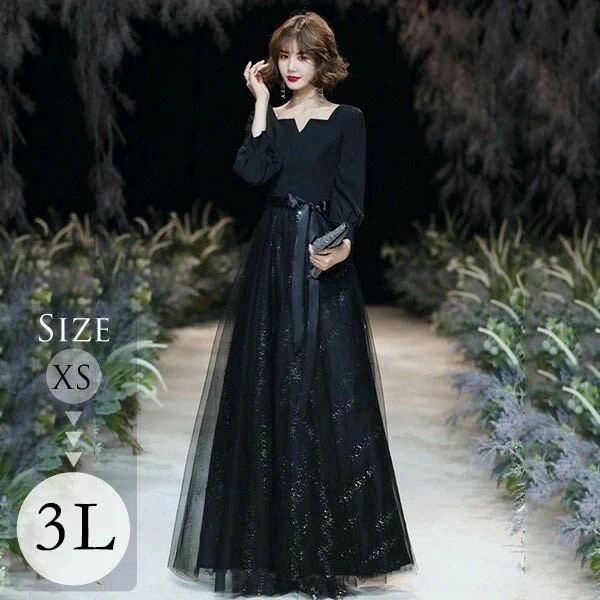 ドレス 大人 ピアノ 発表会 ロングドレス 演奏会 演奏会用ドレス ピアノ発表会 黒 結婚式 高校生 パーティードレス 演奏会ドレス 母親 コンクール イブニングドレス ロング 袖付き ワンピース キ