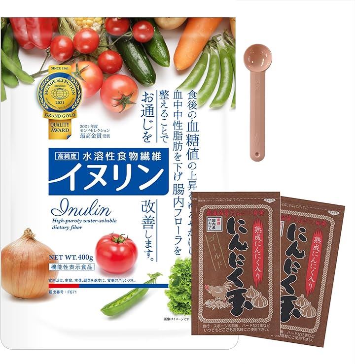 イヌリン パウダー 水溶性 食物繊維 粉末 お試し 400g 機能性表示食品 + サポートサプリ 純度100% にんにく卵黄2袋 同梱セット S2M(S2M)