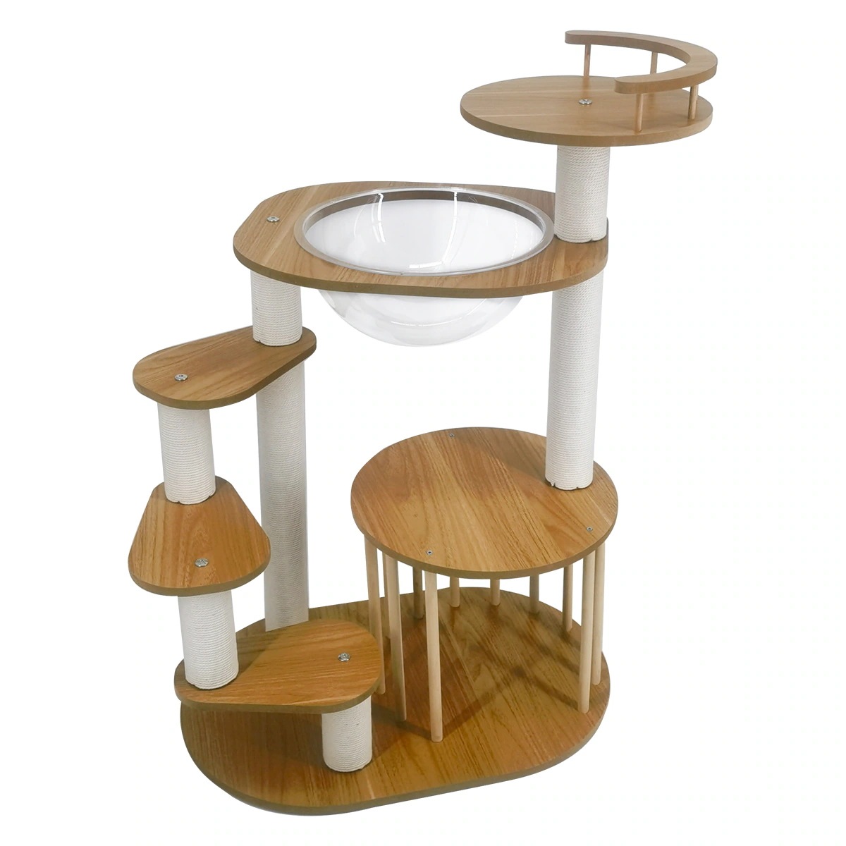 キャットタワー ねこタワー ホワイトコットン支柱 高さ88cm 階段設計 落下防止柵付き展望台 通気性を備えた猫ハウス 爪とぎポール 広めの底面 お手入れ簡単 組み立てやすい