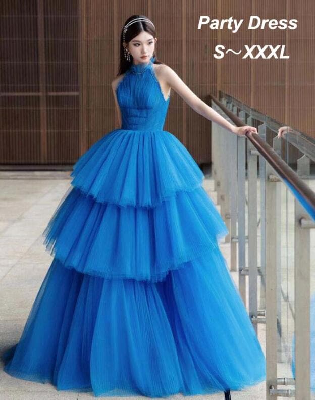 出血大サービス ホルターネック パーティードレス ウェディングドレス 演奏会ドレス カラードレス ブルー 多重チュール 花嫁ドレス 結婚式 前撮りフォトウェディング撮影 ロング 二次会 披露宴 舞台