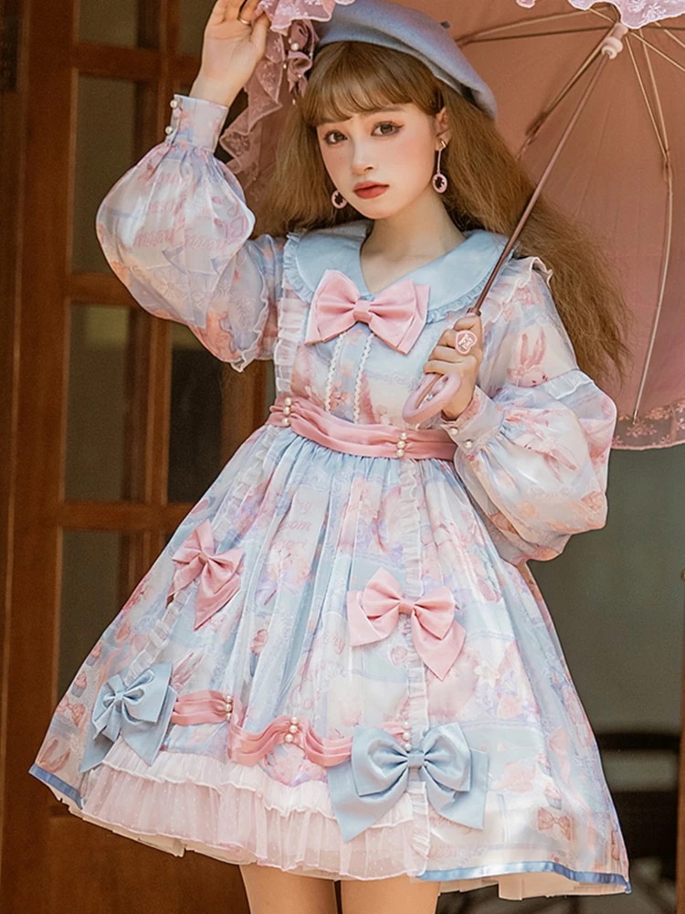 ロリータ クリスマス 春夏 デイリー キュート 長袖 プリンセス ブルー スイートロリータ スカート op