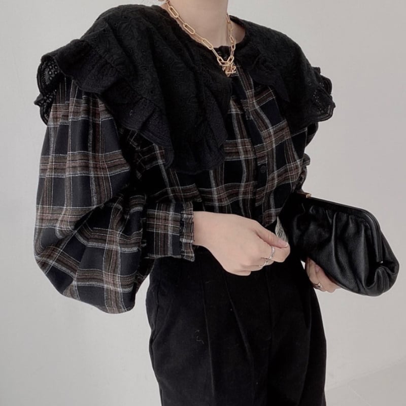 2color レディース ブラウス シャツ チェック柄 長袖 ベージュ ブラック お洒落 188