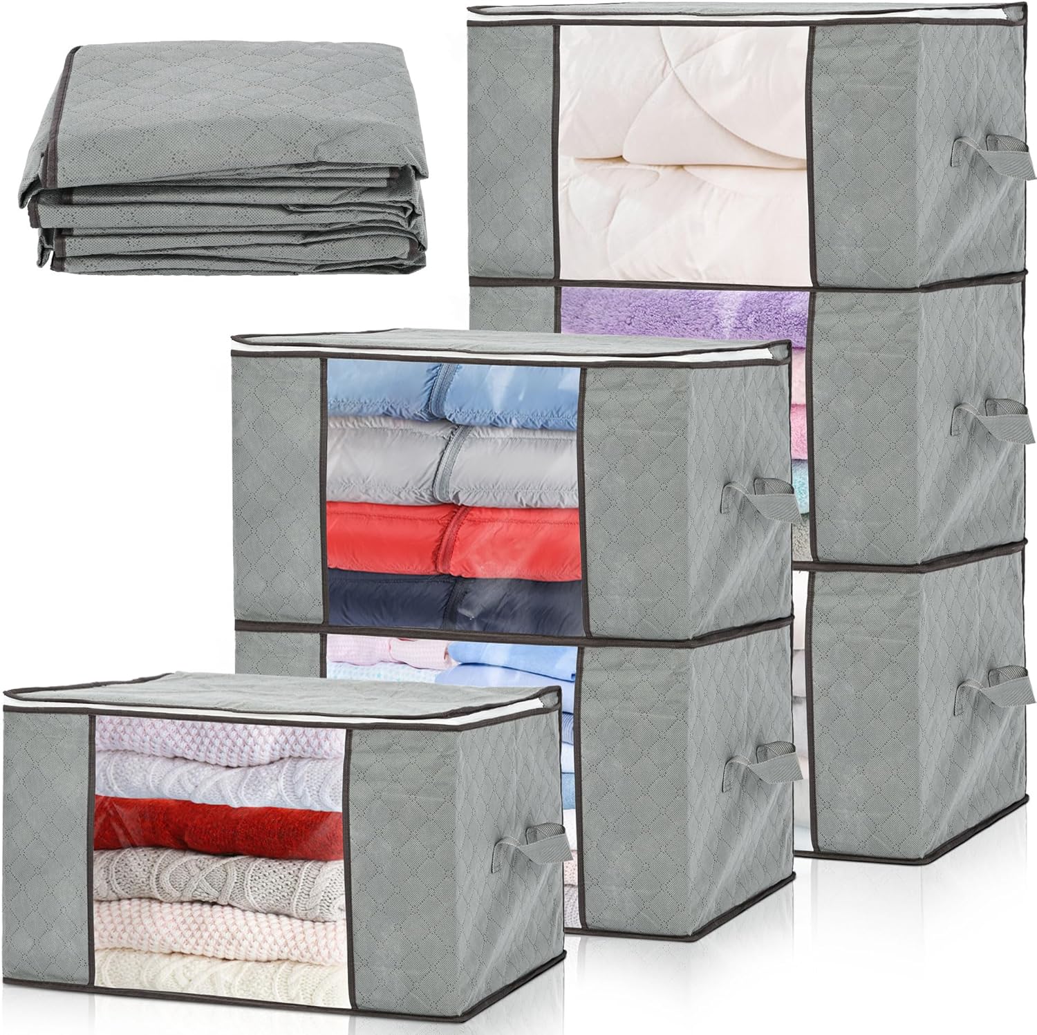6枚セット 衣類収納ケース 布団収納袋 60×40×35cm 84L 不織布 大容量 防塵 通気性 折りたたみ式 透明窓付き 持ち手 グレー 押入れ収納用 衣類整理 布団 衣替え
