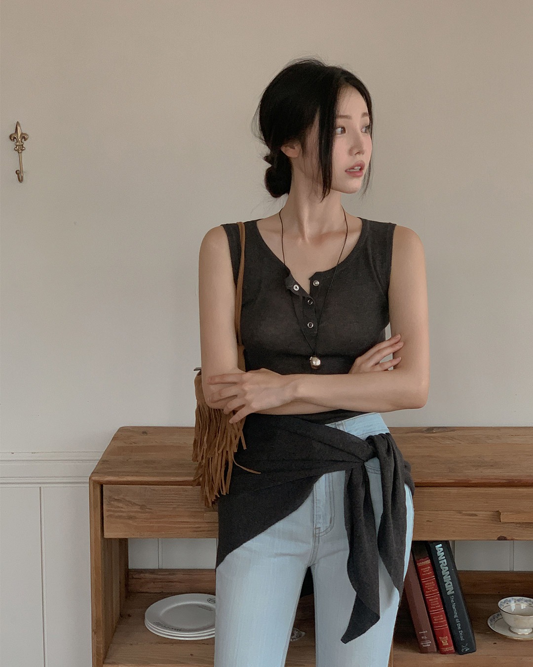 タフスリーブレス&スカーフセット韓国ファッション レディース