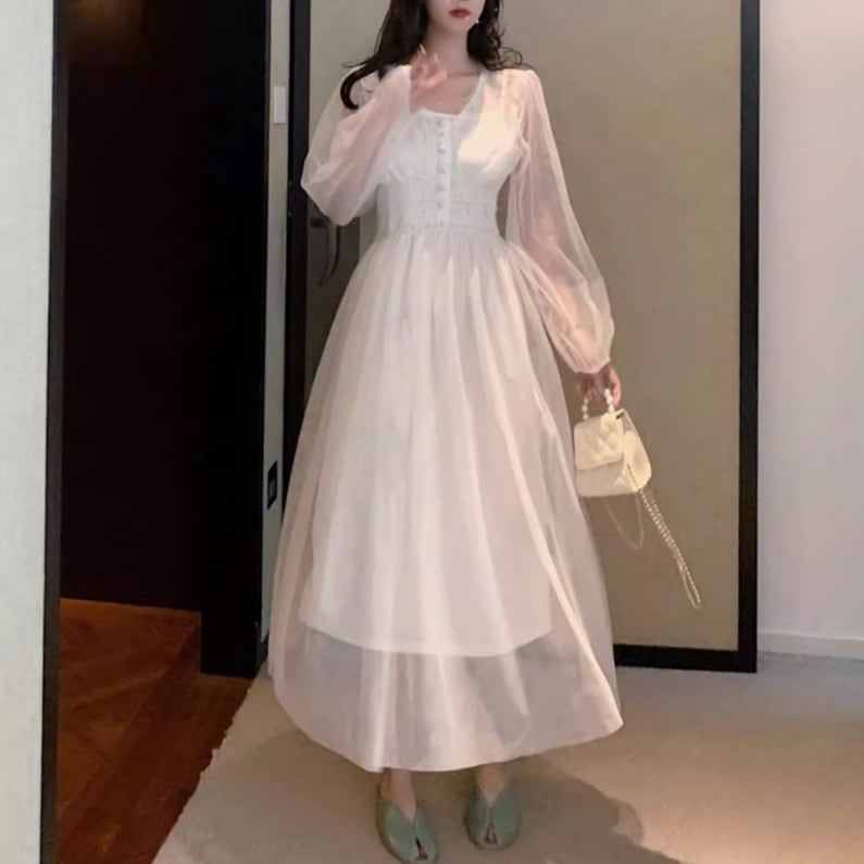 ワンピース フレアワンピース ワンピドレス ミモレ ミモレ丈 長袖 ボリューム袖 パフスリーブ Vネック ペプラム 切り替えデザイン シャーリング ギャザー レース 前開き 透け感 シースルー ボタン