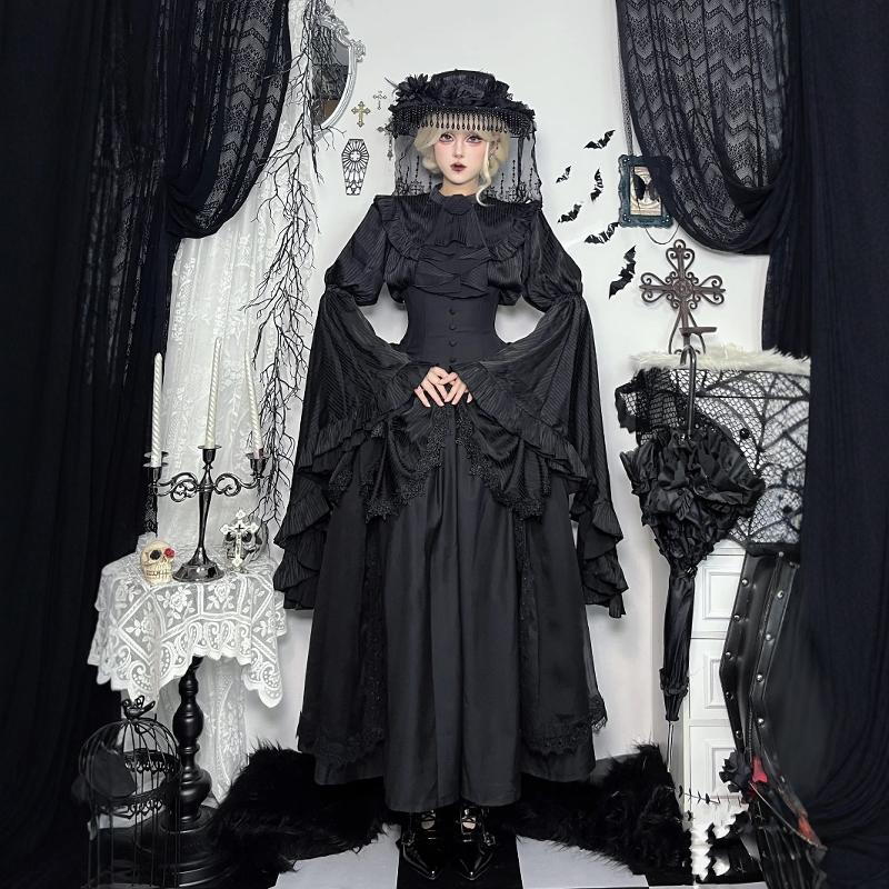 Lolita秋冬姬袖两件套连衣裙洛丽塔暗黑COS万圣节长款束腰裙