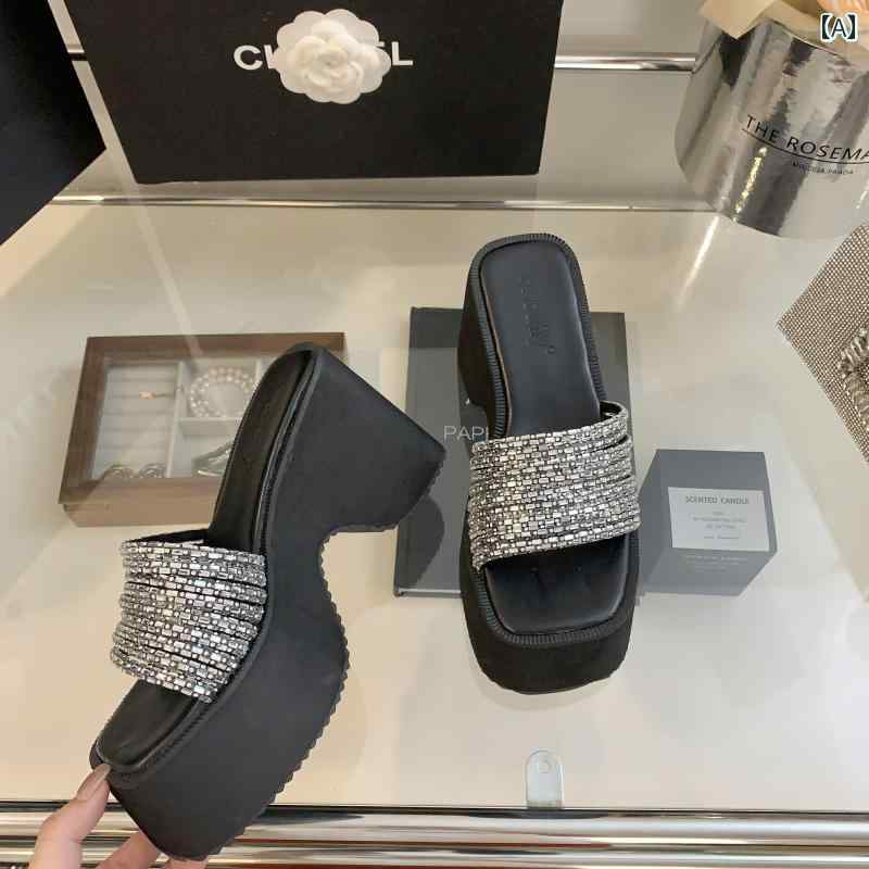 【激安本日限定】ハイヒール レディース パンプス 美脚 厚 10 cm ウェッジ ソール ラインストーン スリッパ 夏 身長 サンダル 厚 サンダル