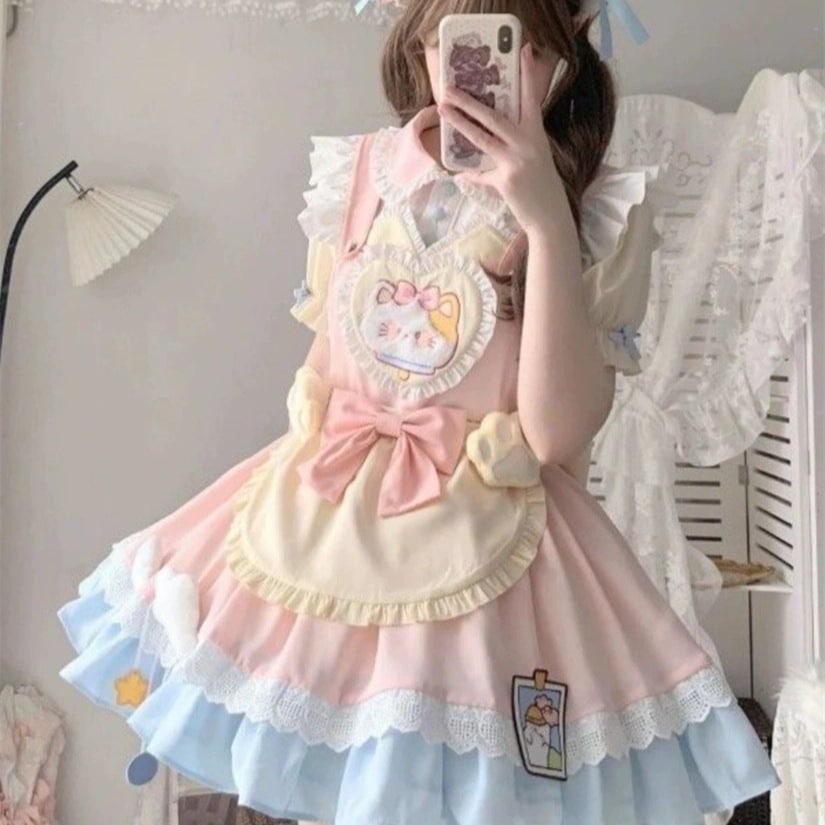 猫春日和可愛い女の子リボンロリータドレス夏半袖サスペンダーエプロンメイド服