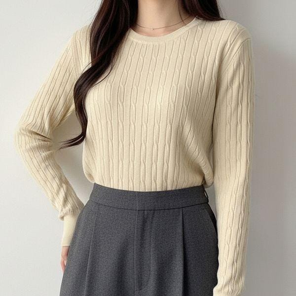 女性ビスコースケーブルニットラウンドニットTシャツ_P409809835