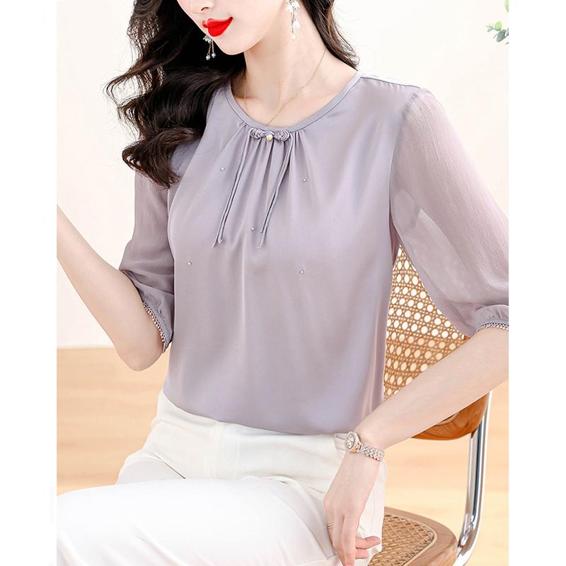 レディース ファッション おしゃれ 婦人服 夏 シャツ 夏 ボタン ラウンドネック ブラウス トップス