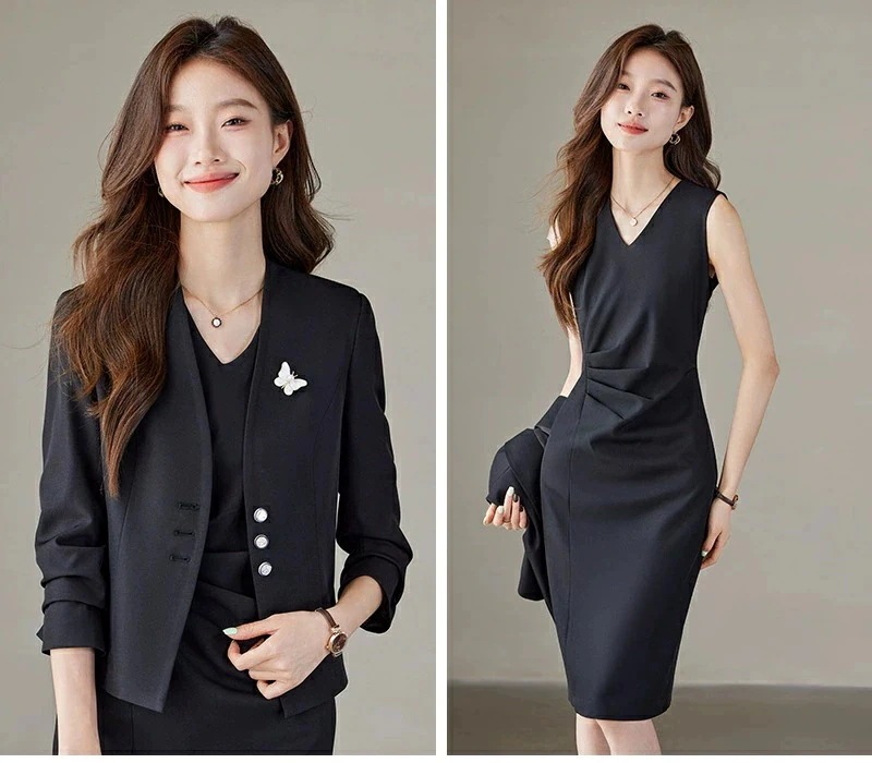 完売御礼S～5XL(6L)2色ブラック グレー スーツセット ワンピーススーツ ジャケット ワンピース 結婚式 パーティー OL 卒業式 入学式 インスタ 撮影ジャケット＆ウエストタック入りワ