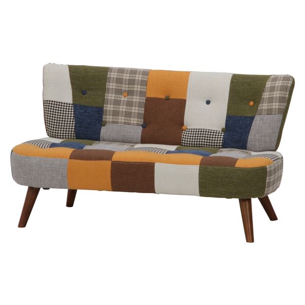 ソファ 2P パッチワーク ブルーイエロー 幅123x奥行67x高さ68cm 組立品